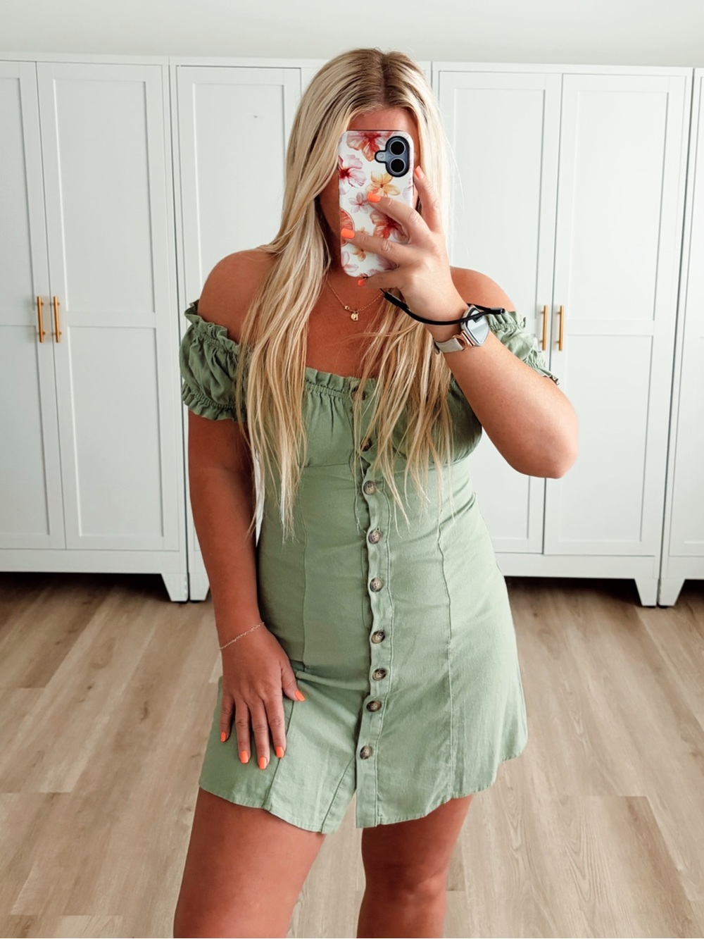Green puffy sleeve off shoulder button up dress